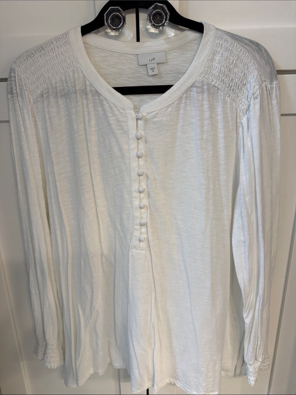 J. Jill White Long-Sleeve Henley with Smocked Shoulders